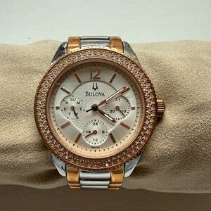 Bulova Two-Tone Gold and Silver Crystal Bezel Women's Bracelet Watch